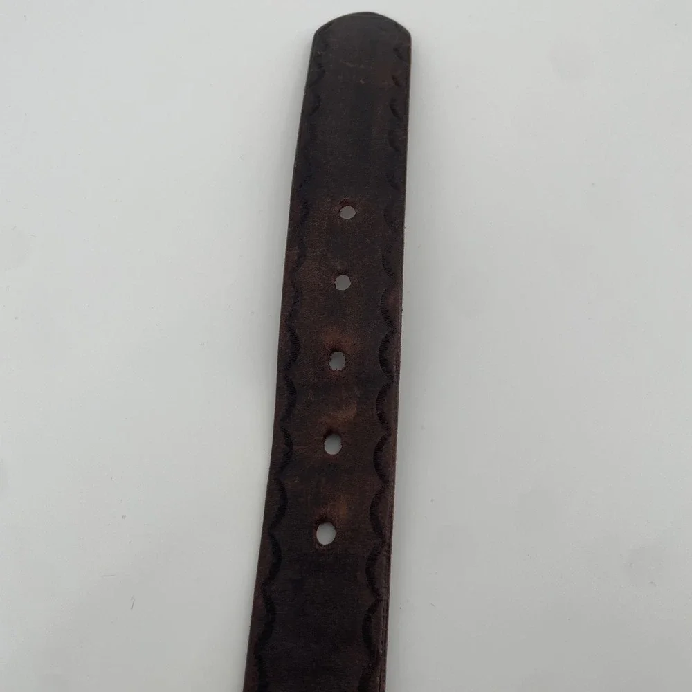 Jean Shop Leather Belt Mens L Brown Brass Buckle Distressed Scalloped Embossed